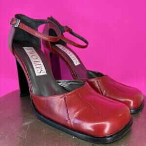 Two Lips Red Leather Square Toe Ankle Strap Pump Sz 40